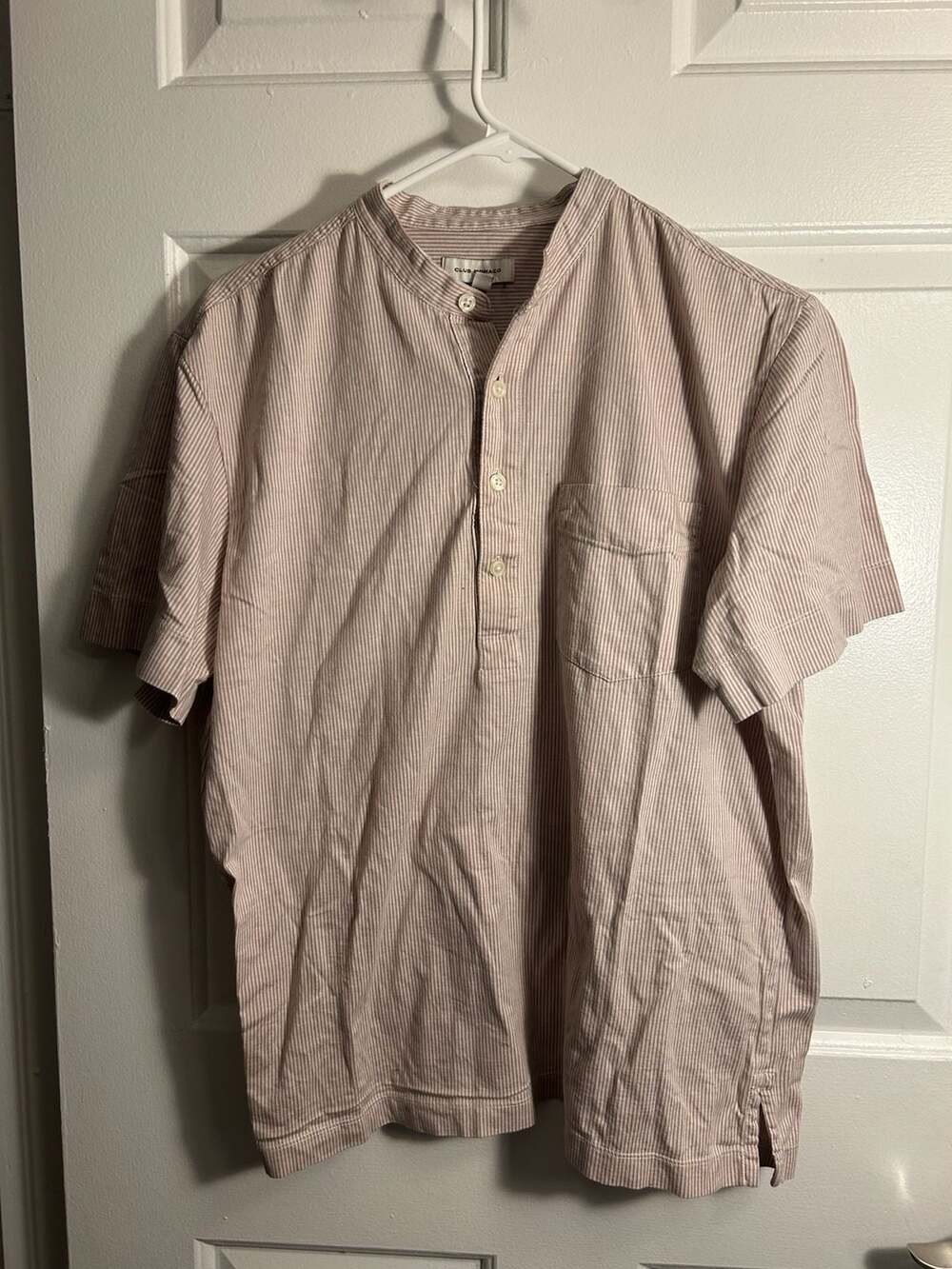 Club Monaco Striped Short Sleeve Grandad Collar Popover Shirt